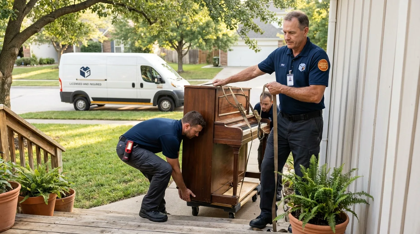 Licensed piano movers securing grand piano in Winsted, MN