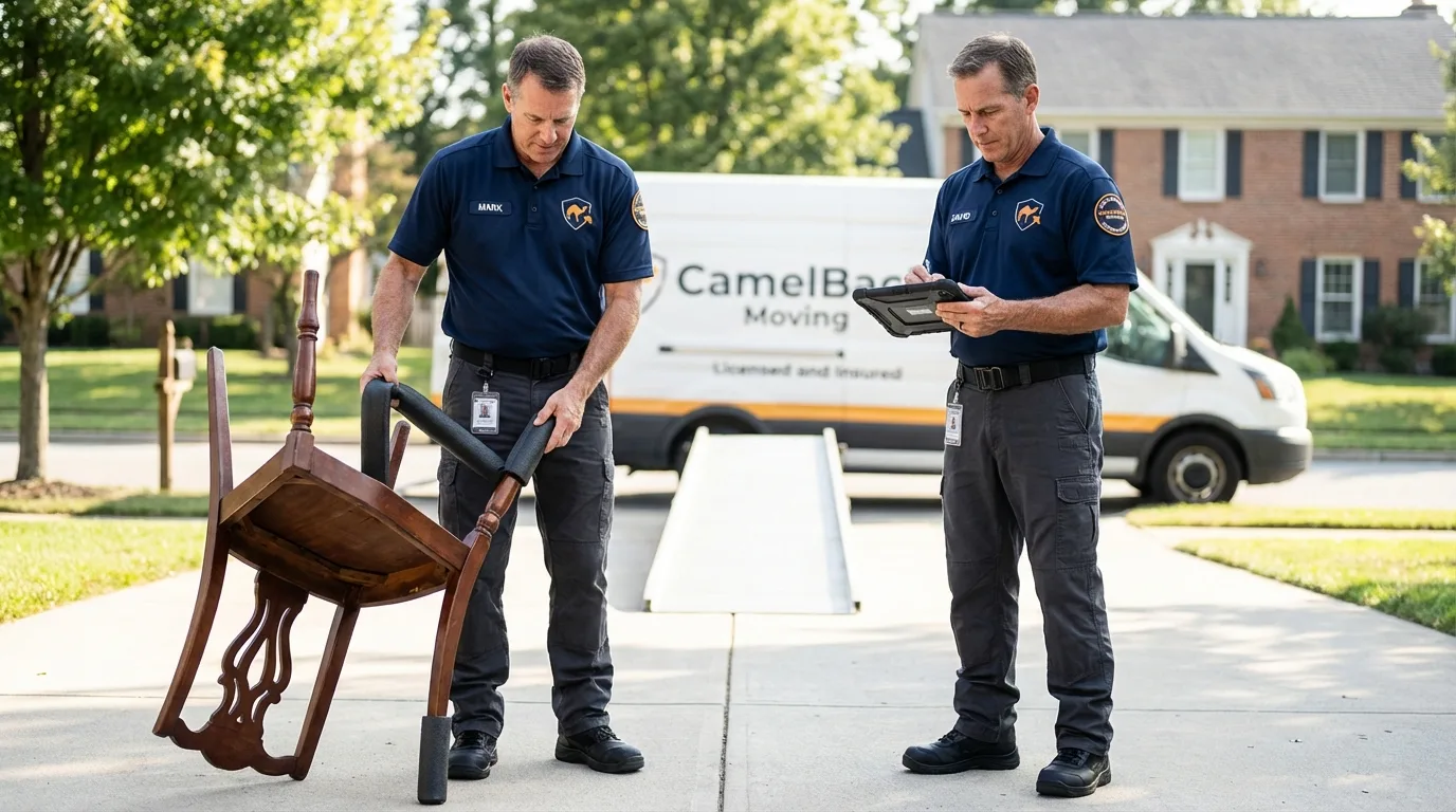 Movers inspecting furniture for damage prevention before loading in Winsted, MN