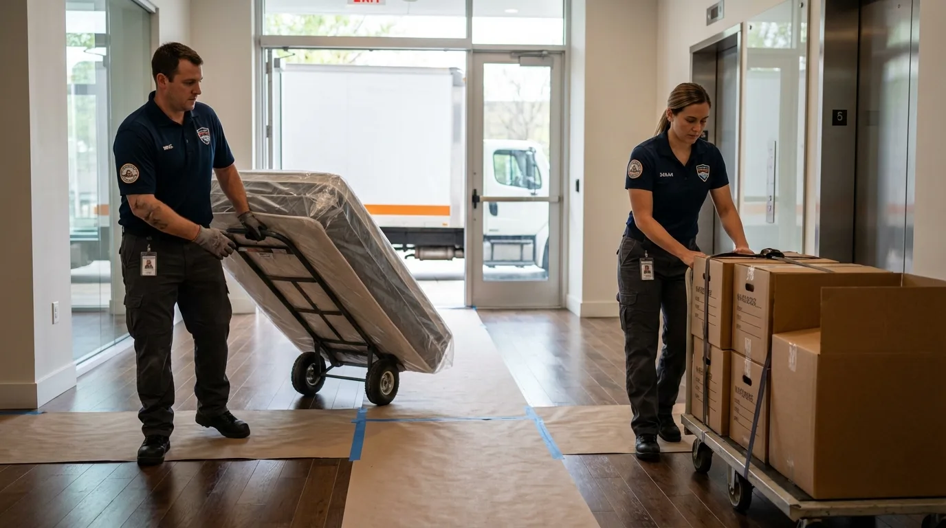 Professional apartment movers loading elevator in Winsted, MN