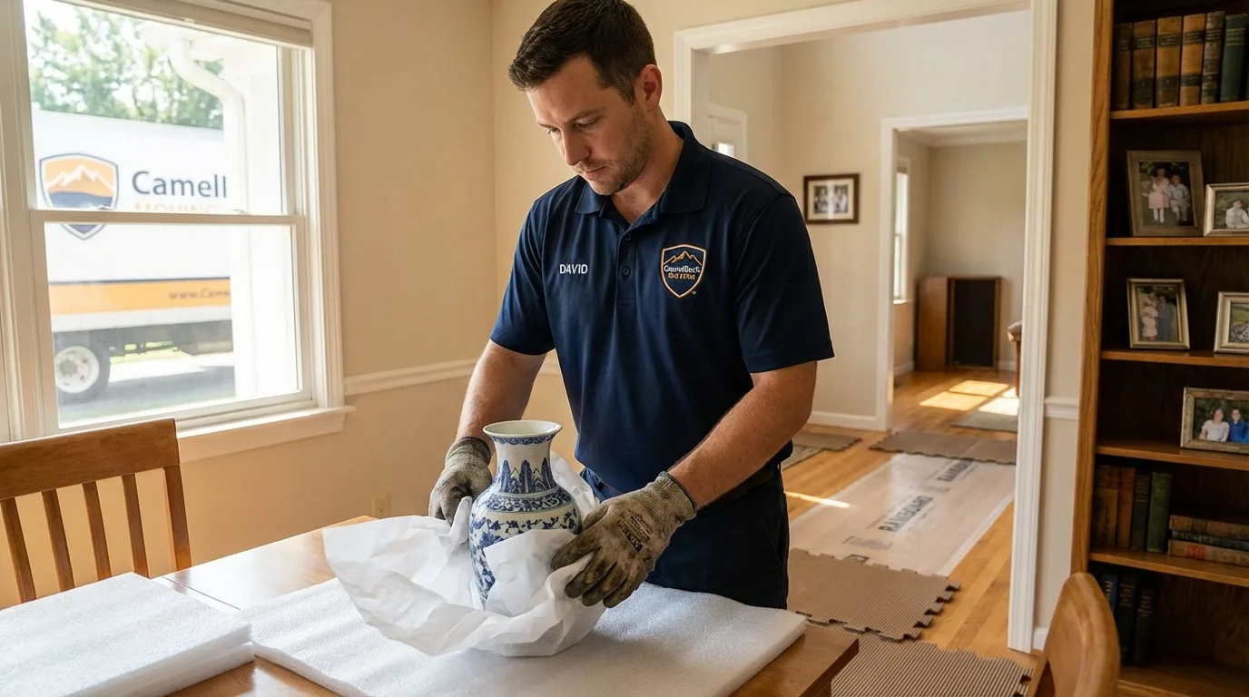 Professional crew carefully wrapping antique vase for senior downsizing move in Winsted, MN